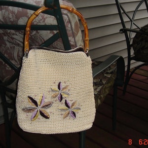 Liz Claiborne Crochet Floral Handbag with Bamboo Handle Very Nice image 1