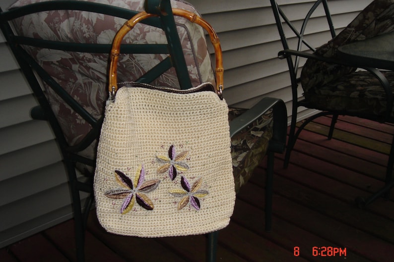 Liz Claiborne Crochet Floral Handbag with Bamboo Handle Very Nice image 1