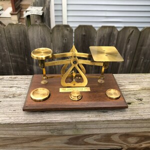 Vintage Postal Scale with Wood Base and Brass Weights - Warranted Accurate - Made in England - Great Conversation Piece