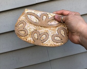 Vintage La Regale Beads Pearls and Iridescent Sequins Silk Clutch Purse - beautiful - Free Shipping