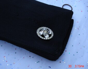 Vintage Black Textured Clutch Bag with Rhinestone Accent - Very Nice