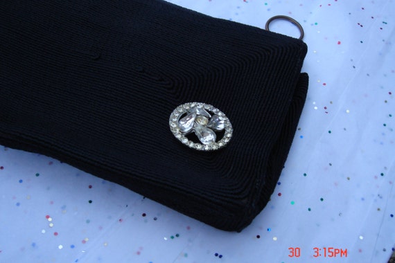Vintage Black Textured Clutch Bag with Rhinestone… - image 1