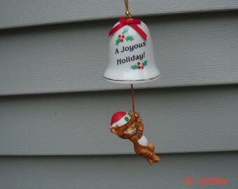 A Joyous Holiday Bell with Hanging Tabby Cat - Cute