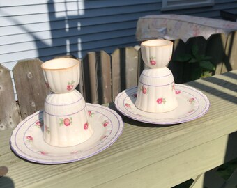 Vintage Pair of Ribbed Double Eggcups with matching plates/dishes - Made in Japan - Unique Rare