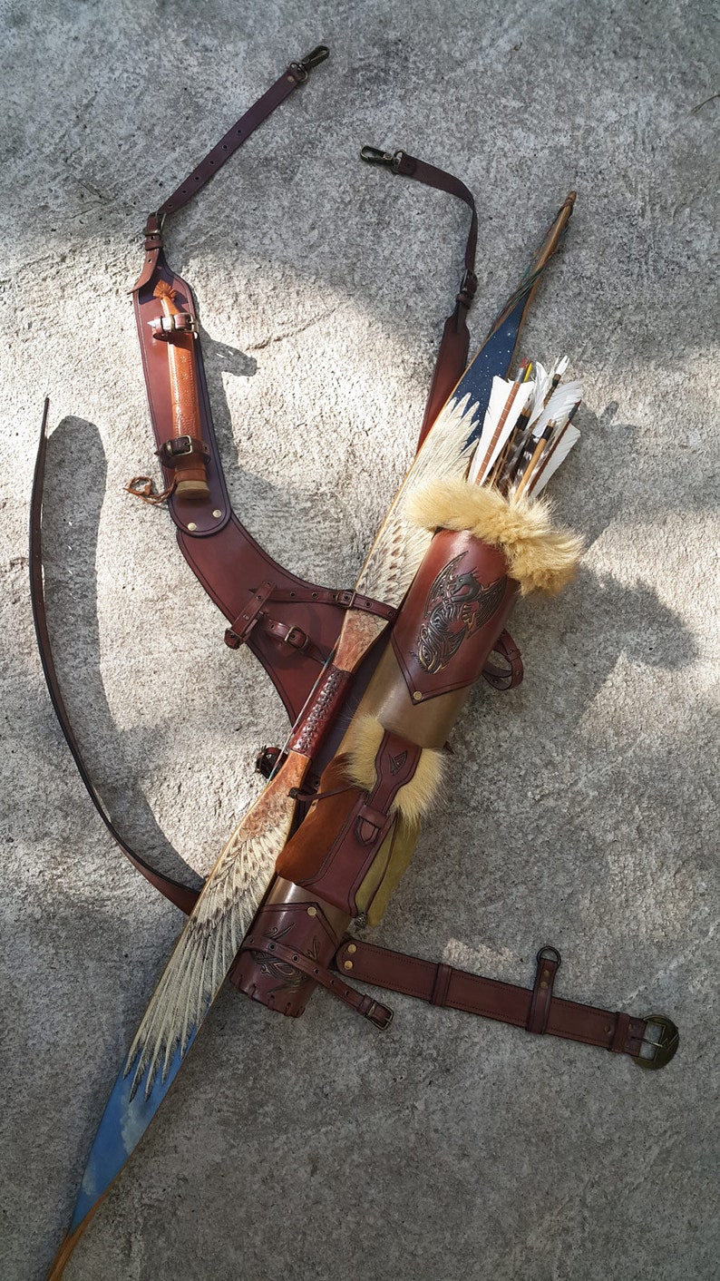 Multifunctional Tooled Leather Quiver, Holding A Bow, An Axe, A Knife And A Rope Or Blanket, With A Detachable Pouch image 7