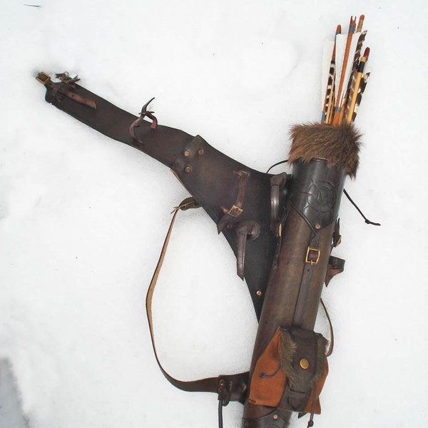 Multifunctional Tooled Leather Quiver, Holding A Bow, An Axe, A Knife And A Rope Or Blanket, With A Detachable Pouch