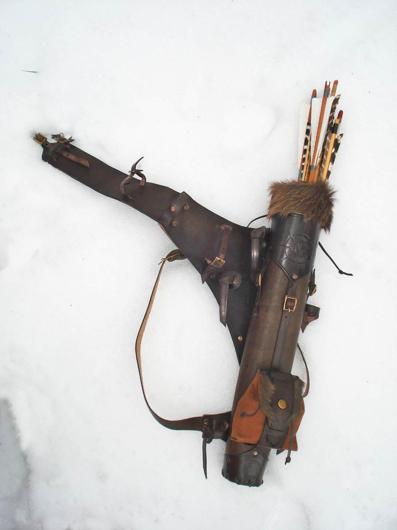 Multifunctional Tooled Leather Quiver, Holding A Bow, An Axe, A Knife And A Rope Or Blanket, With A Detachable Pouch image 1