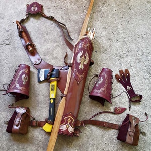 Multi-functional Leather Quiver With Two Arm Guards, Two Belt Pouches And A Shooting Glove