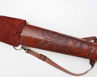 Leather Back Quiver For Broad-heads With Adjustable 3 Straps And A Brass Ring + Zipped Suede Arrows Protector; The Ultimate Hunting Quiver