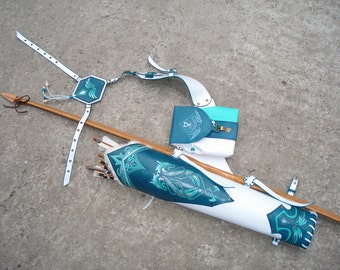 Multifunctional Tooled Leather Quiver Holding a Bow, a Knife and Detachable Pouch "Turquoise Dragons"