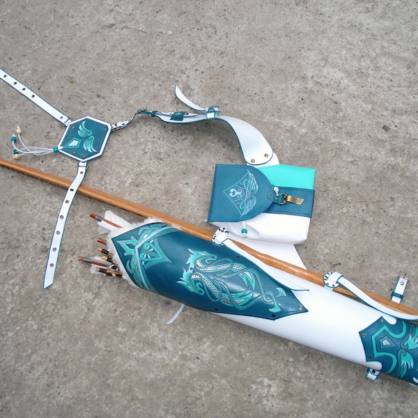 Multifunctional Tooled Leather Quiver Holding a Bow, a Knife and Detachable Pouch "Turquoise Dragons"