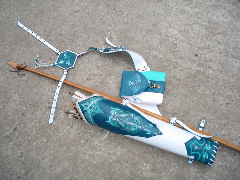 Multifunctional Tooled Leather Quiver Holding a Bow, a Knife and Detachable Pouch Turquoise Dragons image 1