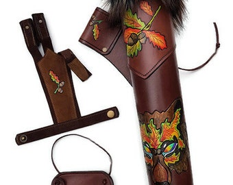 Archery Set Of A Hand Tooled Leather Quiver, Arm Guard And A Shooting Glove