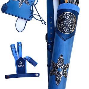 Ensemble de tir à l&#39;arc comprenant un carquois en cuir repoussé à la main, un protège-bras et un gant de tir