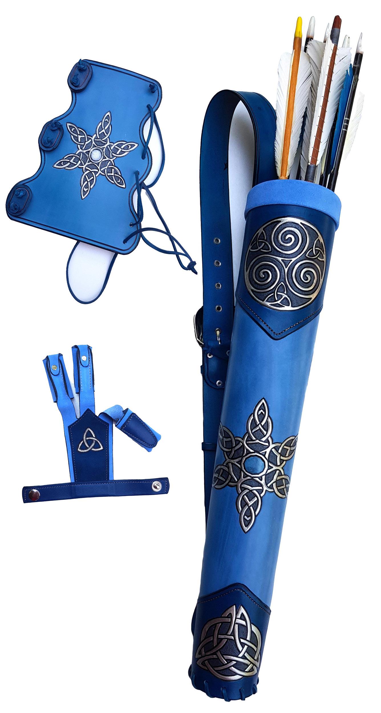 Archery Set Of A Hand Tooled Leather Quiver, Arm Guard And A Shooting Glove