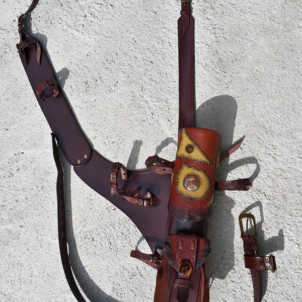 Multifunctional Tooled Leather Quiver, Holding A Bow, An Axe, A Knife And A Rope/Blanket, With A Detachable Pouch