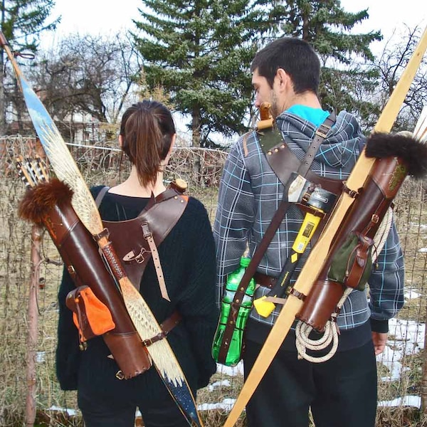 Multifunctional Tooled Leather Quiver SET "Bird Scull" Holding A Bow, An Axe, A Knife And A Rope With A Detachable Pouch + Add-ons