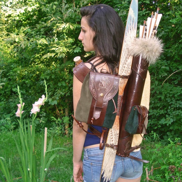 Multifunctional Tooled Leather Quiver Holding a Bow, a Knife and a Rope with a Detachable Pouch and Detachable Suede Backpack, Hand Tooled