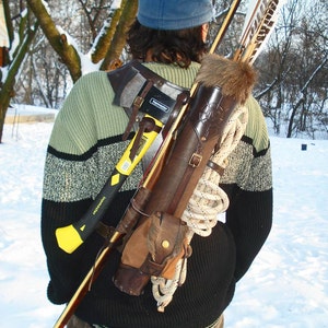 Multifunctional Tooled Leather Quiver, Holding A Bow, An Axe, A Knife And A Rope Or Blanket, With A Detachable Pouch image 2