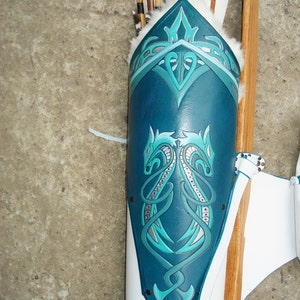 Multifunctional Tooled Leather Quiver Holding a Bow, a Knife and Detachable Pouch Turquoise Dragons image 5