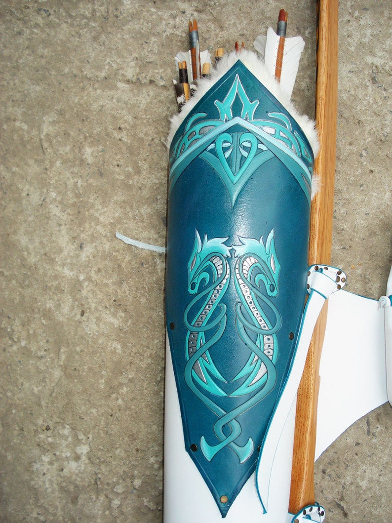 Multifunctional Tooled Leather Quiver Holding a Bow, a Knife and Detachable Pouch Turquoise Dragons image 5
