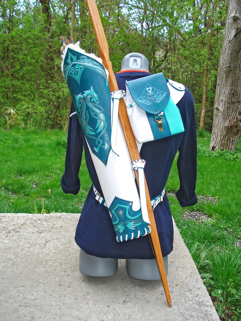 Multifunctional Tooled Leather Quiver Holding a Bow, a Knife and Detachable Pouch Turquoise Dragons image 2