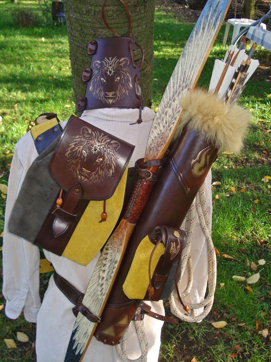 Multifunctional Tooled Leather Quiver Holding A Bow, A Knife and A