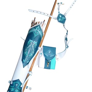 May include: A white and teal leather archery set with a quiver, bow stabilizer, and small pouch. The quiver features a teal dragon design. The set is made of leather and has a wooden arrow shaft.