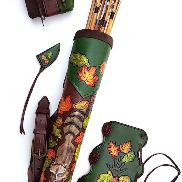 Archery Leather Set Of A Hand Tooled Quiver, Arm Guard And a Pouch