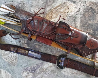 Multifunctional Medieval Tooled Leather Quiver For Broad-heads, Holding A Bow, With Pockets For Throwing Knifes And A Detachable Pouch