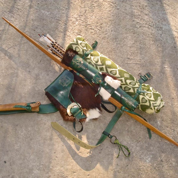 Multifunctional Tooled Leather Quiver, Holding A Bow, An Axe, A Blanket And A Knife With A Detachable Hide Pouch + A Detach. Hide Backpack