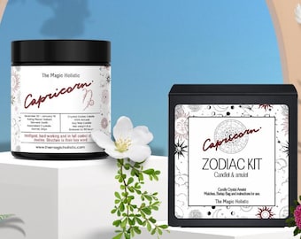 Può includere: Un barattolo nero e una scatola nera con le scritte "Capricorn" e "ZODIAC KIT" su una piattaforma bianca. Il barattolo e la scatola fanno parte di un kit Zodiacale. Lo sfondo include fiori e un arco blu.