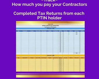 May include: A spreadsheet template for tracking contractor payroll. The spreadsheet includes columns for contractor ID, tax payer, source of pay, paid to date, pay rate, top pay fees, withholding rate, bonus pay, additions, deductions, and net pay. The spreadsheet is labeled "Payroll Report for Contractors" and "Payroll Tracking Spreadsheet".