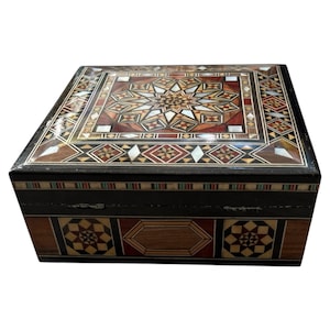 Handmade Middle Eastern Mosaic Inlay Box: Damascus Style Marquetry, Velvet Lined