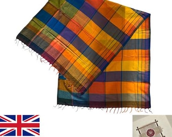 Handwoven Cotton Handloom Shawl: Sri Lankan Multicolor Checkered Scarf