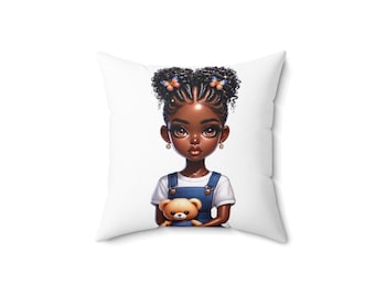 African American Girl Pillow, Teenager Home Decor, Spun Polyester Square Cushion, Black Girl Room Accent, Cute Cushion Cover, Bedroom Throw