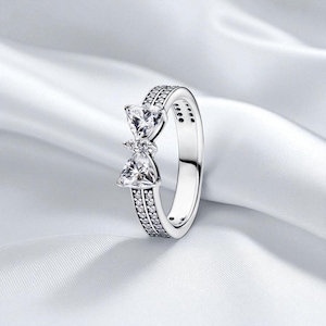 Sparkling Bow Double-row Ring, Sterling Silver, Elegant Pave Band Featuring a Polished Bow Design, Perfect for Gifting or Daily Wear