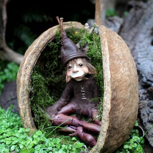 Könnte beinhalten: Eine kleine, braune, elfenartige Figur mit spitzem Hut und genähter Kleidung sitzt in einer großen, ausgehöhlten, strukturierten braunen Samenkapsel. Das Innere der Kapsel ist mit grünem Moos ausgekleidet und die Figur hat ein blasses Gesicht.