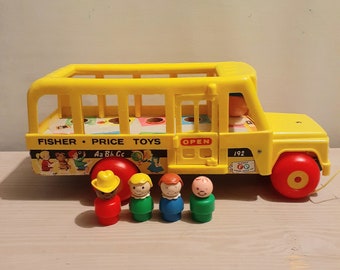 Vintage Fisher Price School Bus with Wood Base