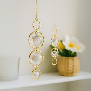 Gold Crystal Sun Catcher | Hanging Prism Window Decor | Spiral Hoop Rainbow Maker | Aura Light Catcher | Bridesmaid Gift Idea for Home