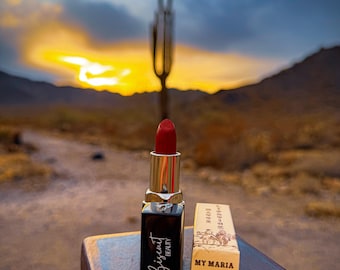 My Maria Deep Burnt Red Matte Lipstick: Long-lasting, full-coverage, smooth finish. Paraben/gluten-free, cruelty-free, intense color lips