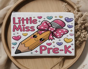 Little Miss Pre-K Pouch with Pink Dotted Pencil Bow! Pre-K back to school zipper pouch! Toddler Travel Bag!