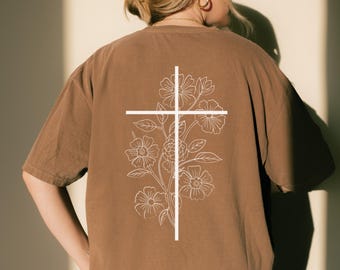 Bloemenprint T-shirt met christelijk kruis voor dames, religieus T-shirt, T-shirt met christelijk kruis, Jezus Christus, T-shirt met geloofsthema, religieus cadeau, Jezus T-shirt