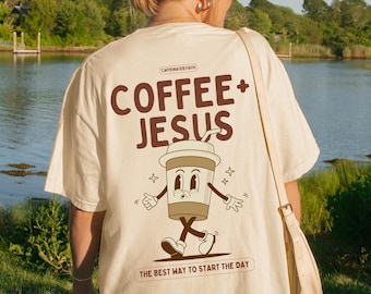 Komfortfärger Kaffe och Jesus-skjorta, Retro kristen skjorta, Kaffeälskare-gåva, Bibelvers-skjorta, Trobaserad skjorta, Gåva för kristen