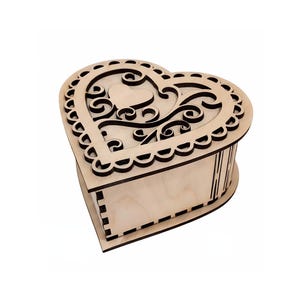 Caja de madera con forma de corazón cortada a láser con tapa / Archivo SVG / Caja de regalo de San Valentín / Plantilla para joyero