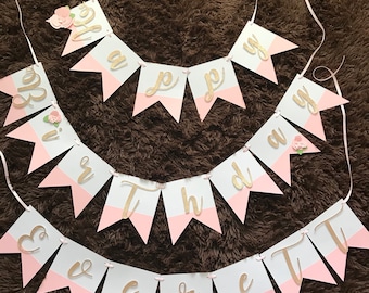 Pink and gold floral birthday banner