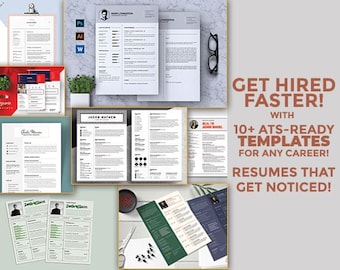 May include: A collage of resume templates with the text "GET HIRED FASTER! WITH 10+ ATS-READY TEMPLATES FOR ANY CAREER! RESUMES THAT GET NOTICED!"
