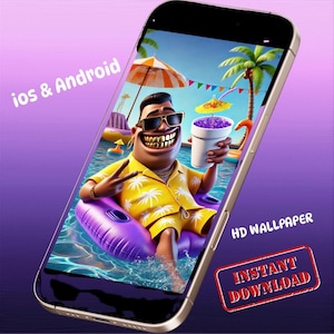 Zabawna letnia tapeta na iPhone'a | Klimaty basenu z kreskówek | Estetyka tropikalnej plaży | Fajna tapeta na Androida z postaciami | Natychmiastowe pobieranie