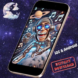 Fondo de pantalla de teléfono con divertido astronauta de dibujos animados / Música espacial / Fondo de iPhone y Android / Descarga digital