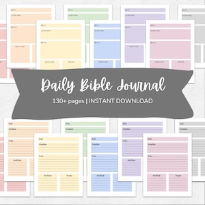 May include: A printable daily Bible journal with 130+ pages. The journal pages are in different pastel colours, including yellow, green, blue, and pink. Each page has sections for the date, scripture, notes, gratitude, and prayer.